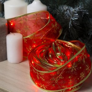 НИТЬ Лента "Снежинки золотистые" 10 м, ширина 6 см, LED(роса)-100-USB, фиксинг, КРАСНЫЙ 