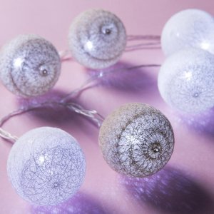 НИТЬ, 5м, с насад. "Клубки СЕРЕБРИСТО-БЕЛЫХ ниток 6 см", LED-20-220V, фиксинг, БЕЛЫЙ 