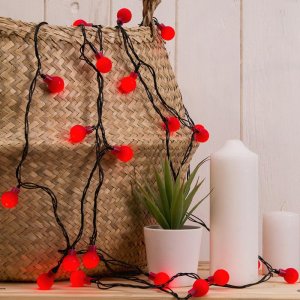 НИТЬ, 5м. с насад. “Шарики Красные”, Н.Т. LED-30-220V, 8 режимов, КРАСНЫЙ 