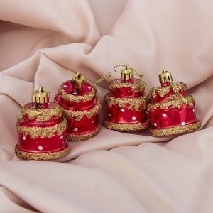 Украшение ёлочное Торт (набор 4 шт) 4,5*4,5 см, красный. Набор 2шт. 