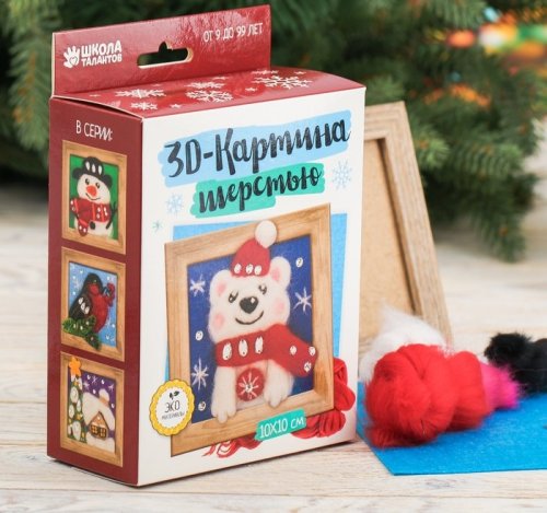 Новогодняя картина из шерсти 3D "Мишка в шапочке" 3735544с